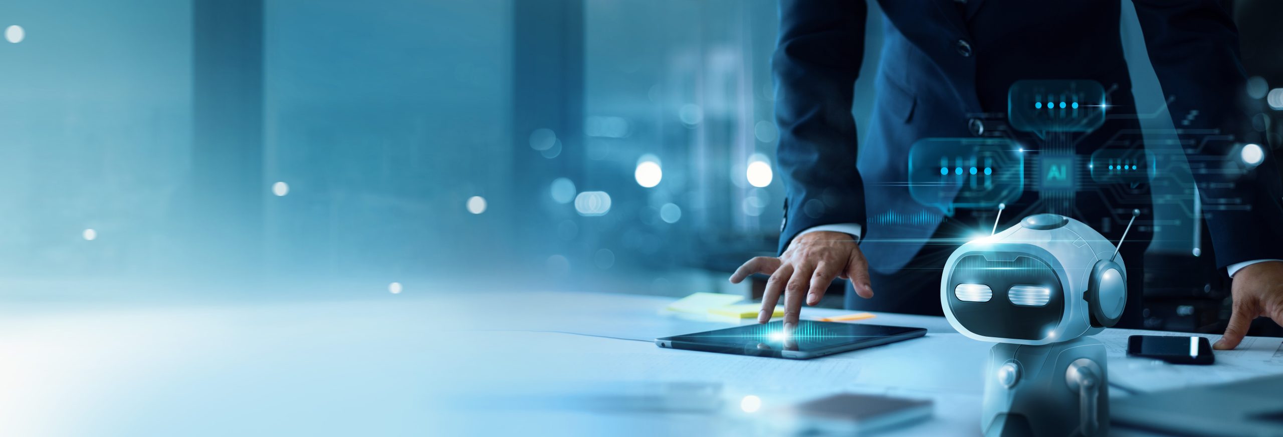 AI chat bot chat with businessman provide smart solution to solving business task. Artificial Intelligence power answer engine offer smart response conversation data to assist user accomplishment.