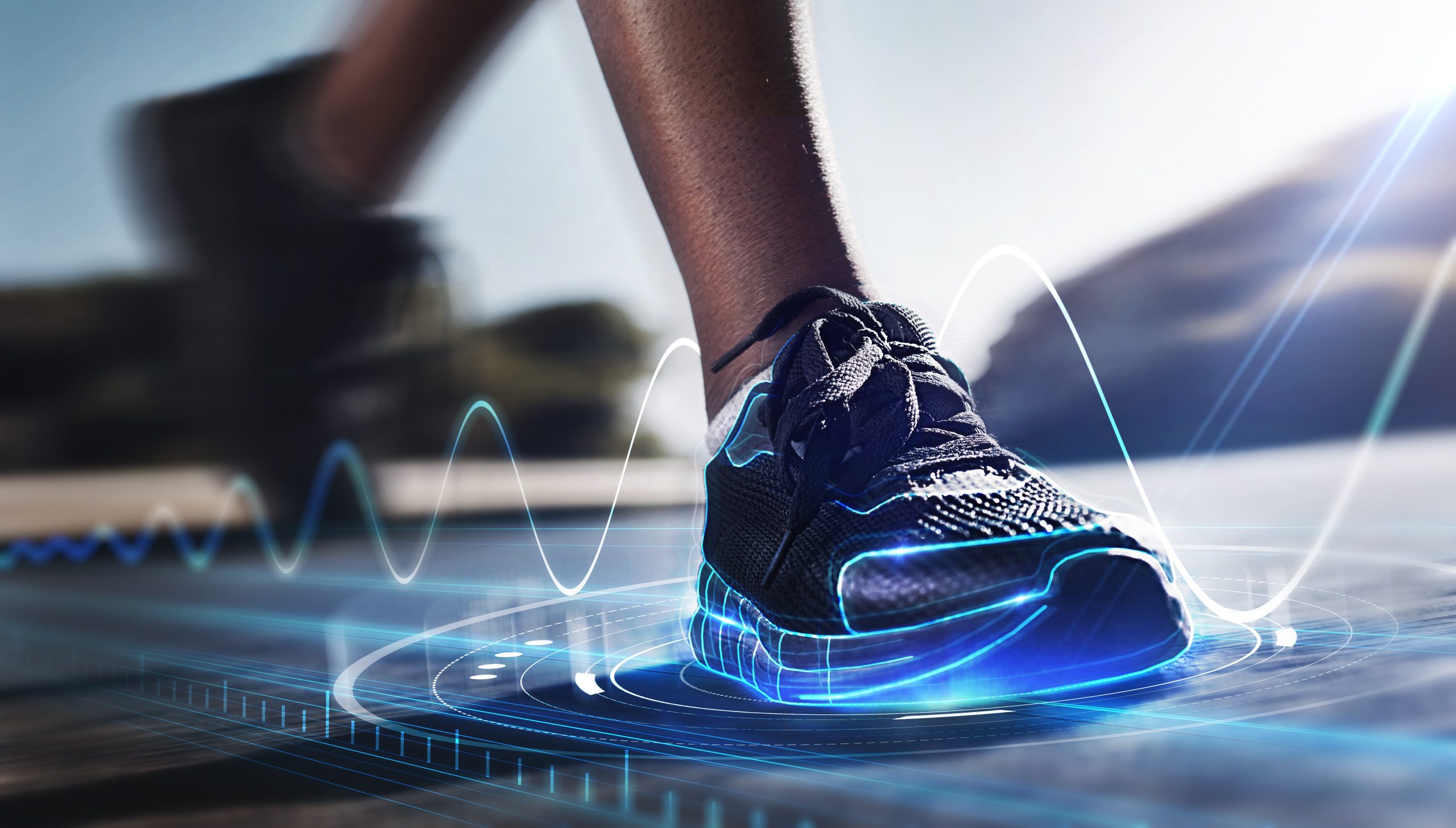 Hologram, shoes and sports for fitness, run and speed for health tracking outdoor. Future, sneakers and graphics for workout, exercise and balance for routine, training for marathon and wellness