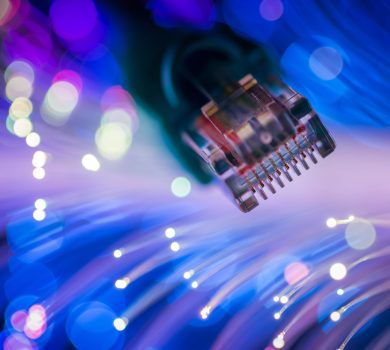 Network cables closeup with fiber optic. Selective focus.