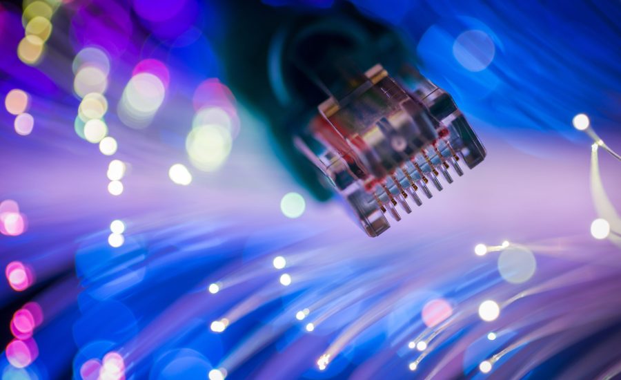 Network cables closeup with fiber optic. Selective focus.