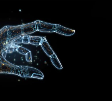 Digital hand hologram on dark background with copy space. Neural network connection. Communication with artificial intelligence. Created with Generative AI