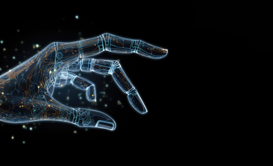 Digital hand hologram on dark background with copy space. Neural network connection. Communication with artificial intelligence. Created with Generative AI