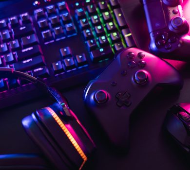 gamer work space concept, top view a gaming gear, mouse, keyboard - Peripherals