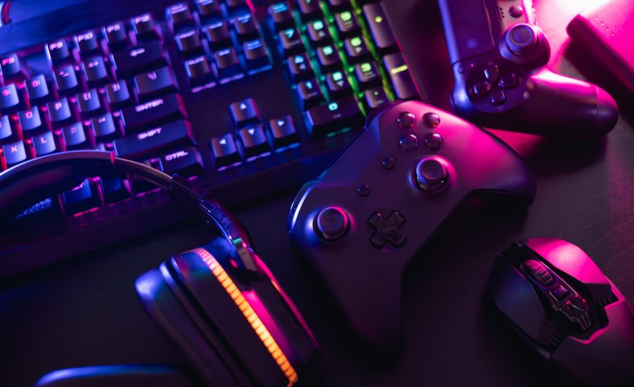 gamer work space concept, top view a gaming gear, mouse, keyboard - Peripherals