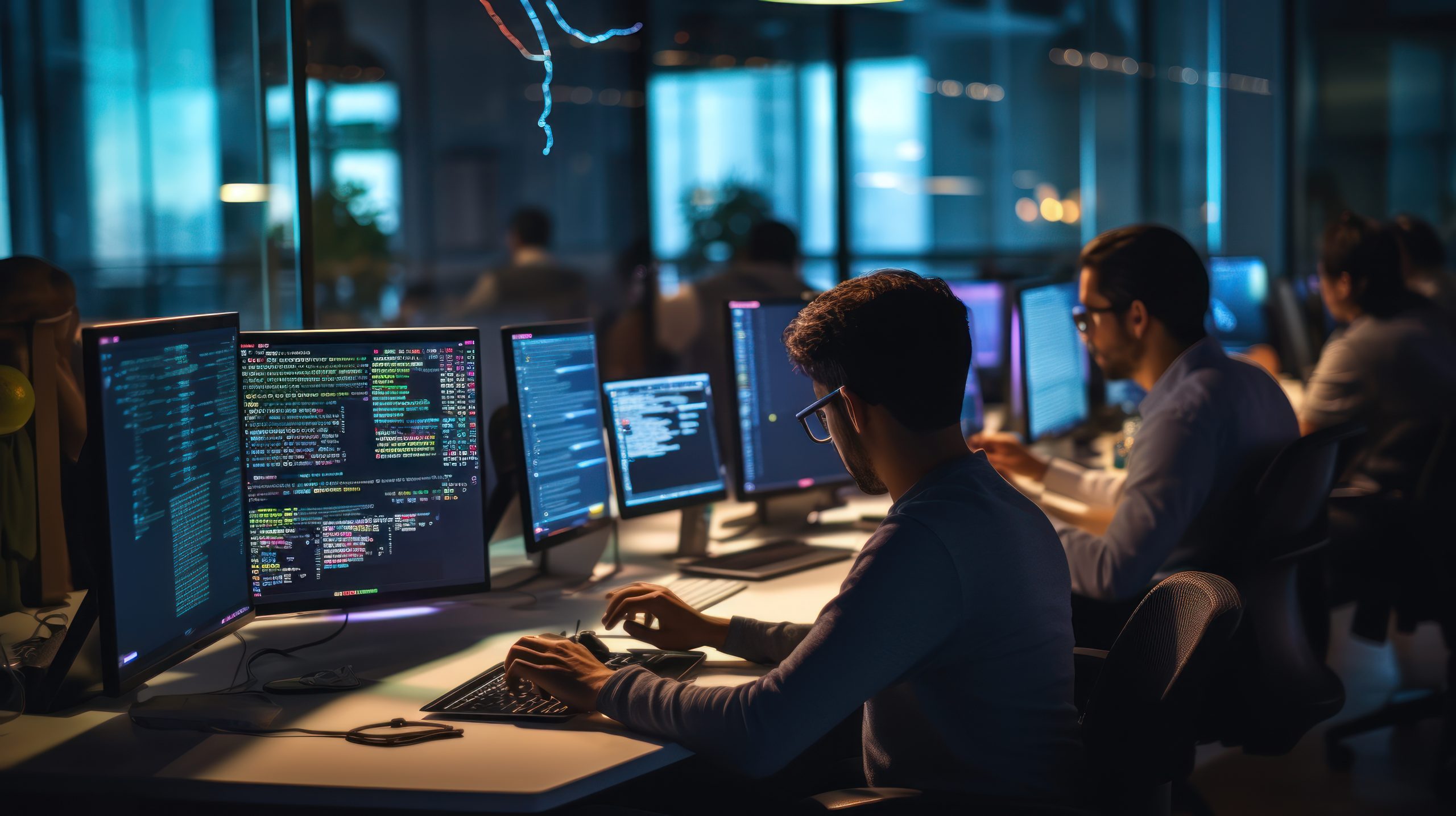 A scene showcasing a team of software developers coding, collaborating