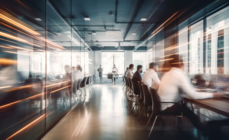 Coworking space office and sharing desk in corporate workspace, concept of Collaborative workspaces and Shared office environments, created with Generative AI technology