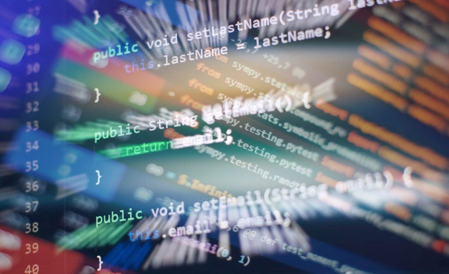 Monitor closeup of function source code. Abstract IT technology background.