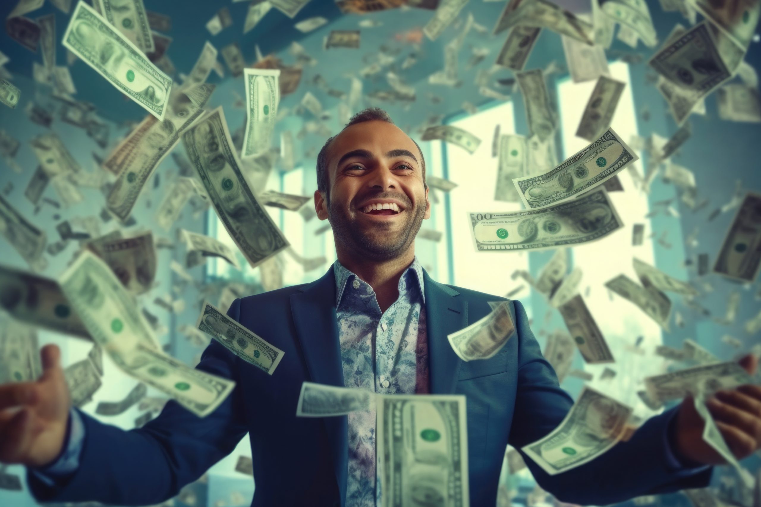 Happy successful man standing under money rain. A lot of dollar banknotes falling on smiling man. Success and wealth concept. Created with Generative AI