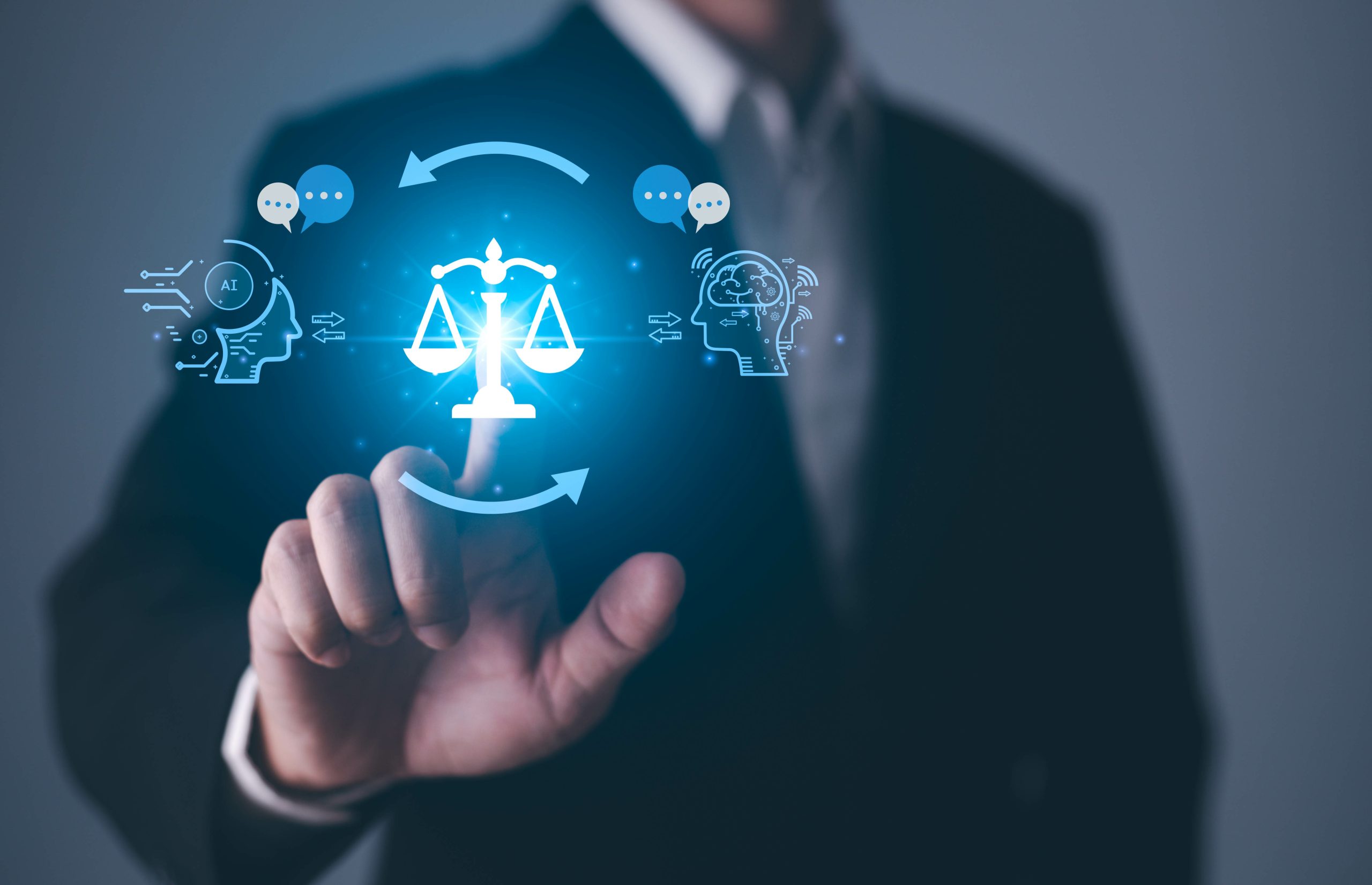 AI ethics or AI Law concept. Developing AI codes of ethics. Compliance, regulation, standard , business policy and responsibility for guarding against unintended bias in machine learning algorithms.