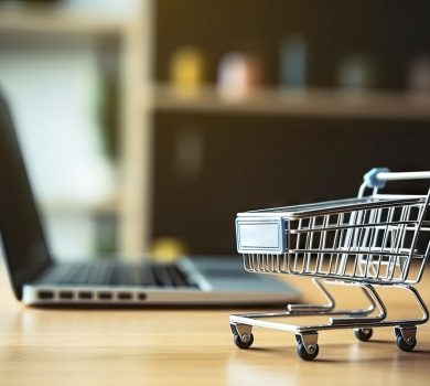 Shopping Cart Model and Laptop on Blurred Home Background. Online Business and E-Commerce Concept