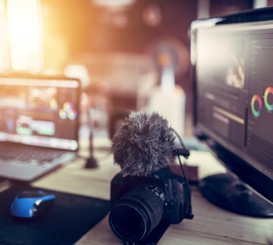 Freelance desk and laptop for editing footage is job for content