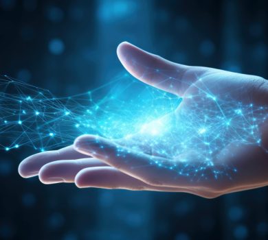 man's hand in digital, IoT, AI chatbot technology, smart devices, VPN cybersecurity, futuristic internet. Unleash the power of technology, sleek abstract background, blue circuitry pattern, gen ai
