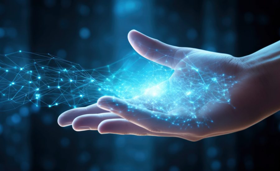 man's hand in digital, IoT, AI chatbot technology, smart devices, VPN cybersecurity, futuristic internet. Unleash the power of technology, sleek abstract background, blue circuitry pattern, gen ai