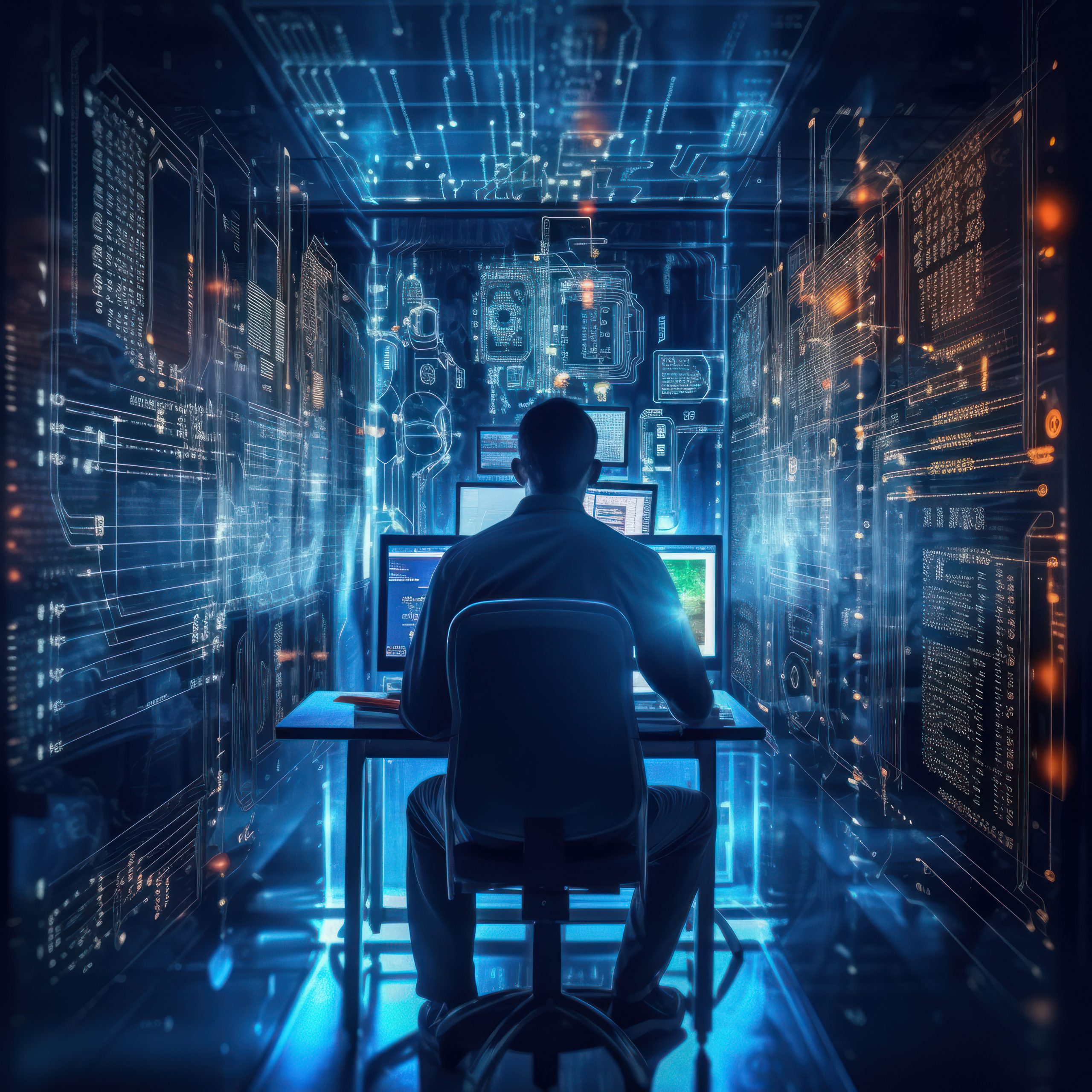 Cutting-edge Vision: Tech Guru in Futuristic Data Center Utilizing Laptop Amidst Warehouse, Streamlined Digitalization with Server-Based Information. SAAS, Cloud Computing, Web Service Empowered.