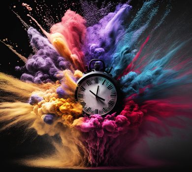 Clock exploding with colored powder on black background. Generative AI.