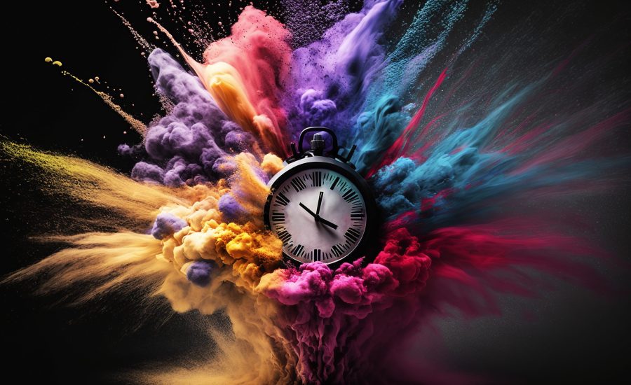 Clock exploding with colored powder on black background. Generative AI.