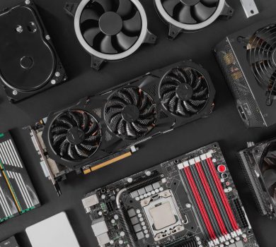 top view of computer parts with harddisk, ram, CPU, graphics card