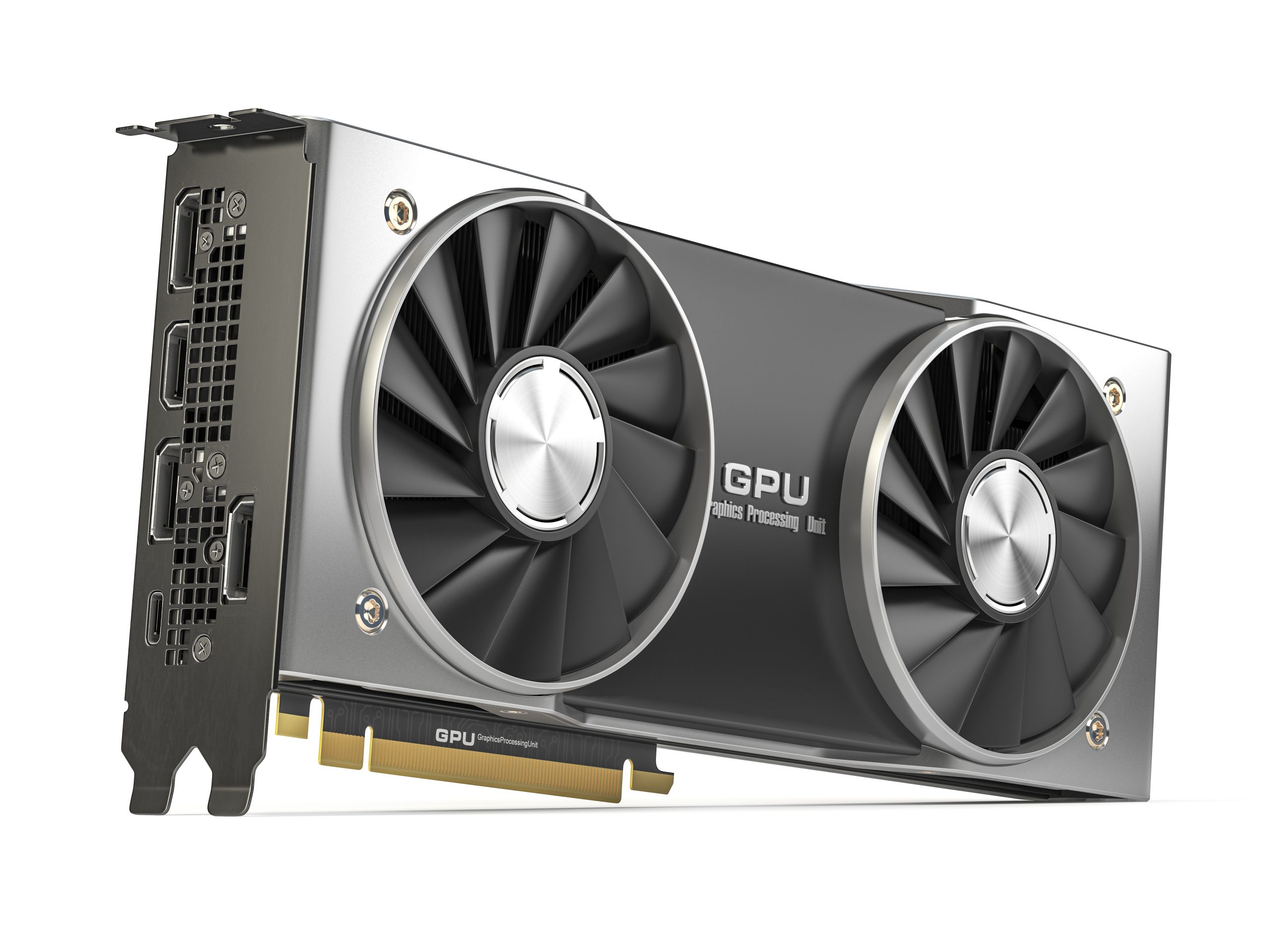 Graphics card. Modern gaming GPU graphics processing unit isolated on white. 3d illustration
