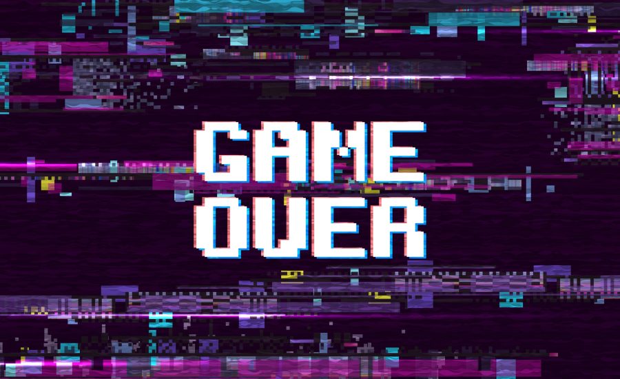Game over fantastic computer background with glitch noise retro effect vector screen. Game over pixel display, video computer text illustration