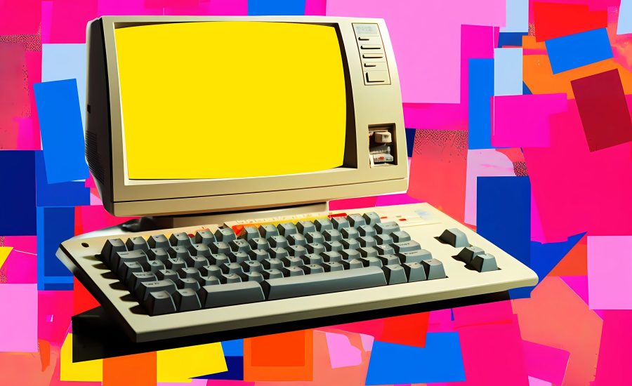An old computer with a yellow screen is sitting on a colorful background. magazine collage style