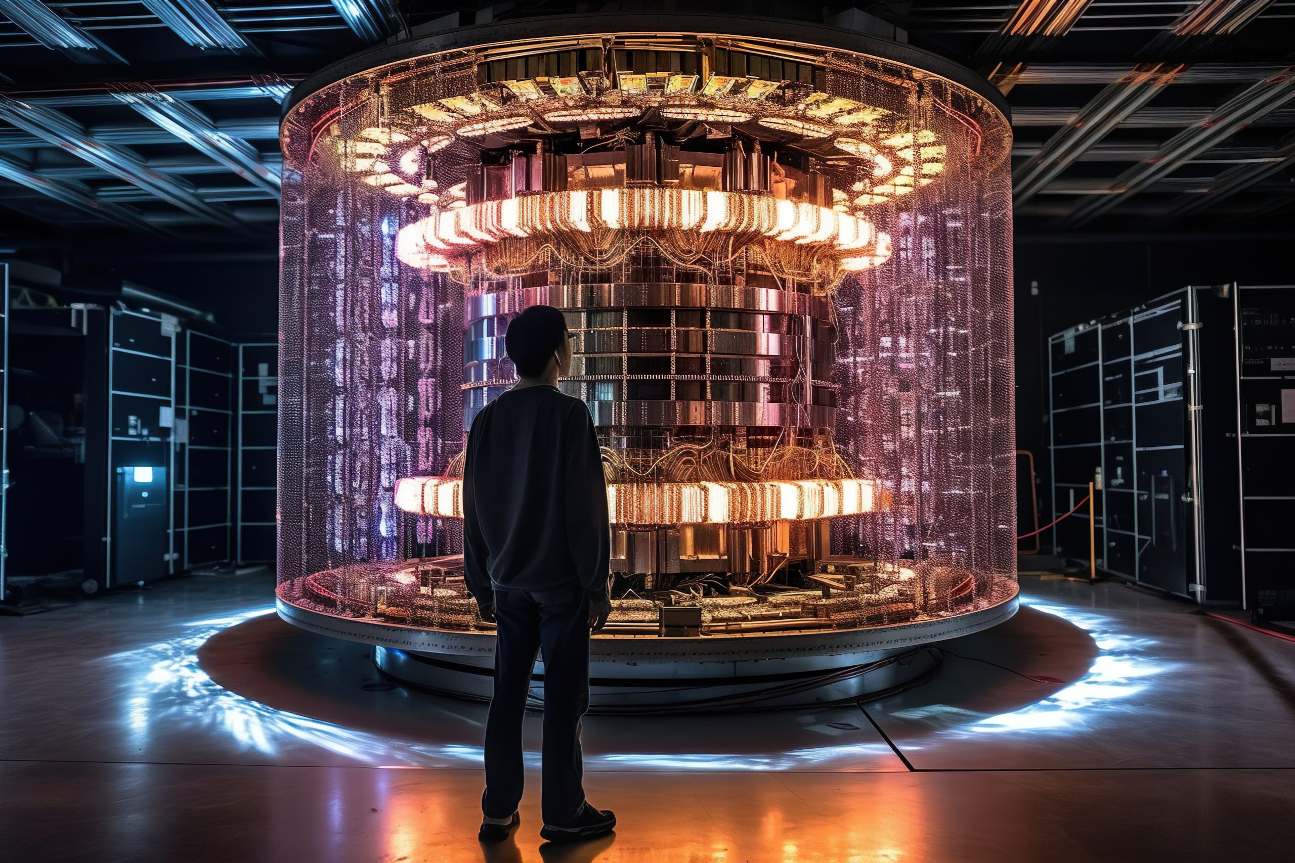 A person standing in front of a giant quantum computer, studying