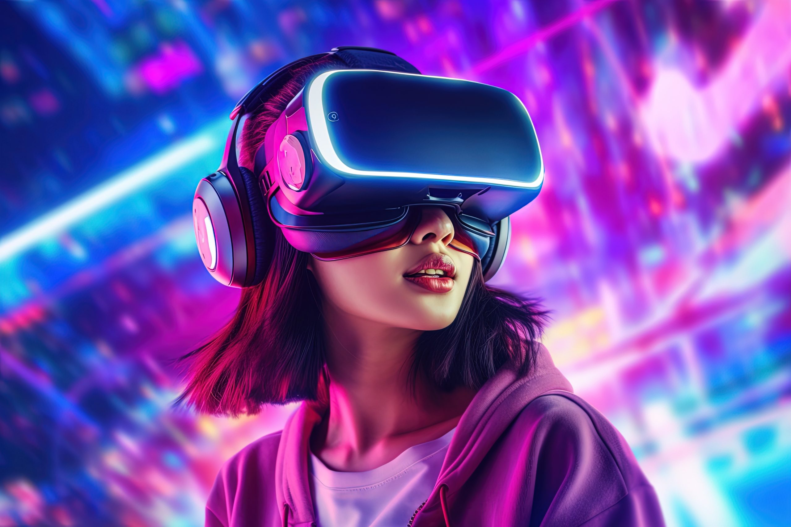 beautiful asian woman wearing virtual reality goggles. Generative Ai