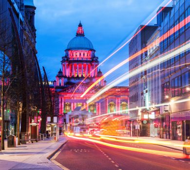 Illuminated Belfast City Hall. Belfast, Northern Ireland, United Kingdom.