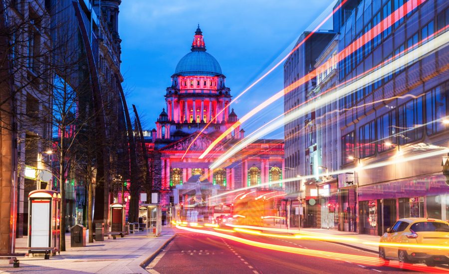 Illuminated Belfast City Hall. Belfast, Northern Ireland, United Kingdom.