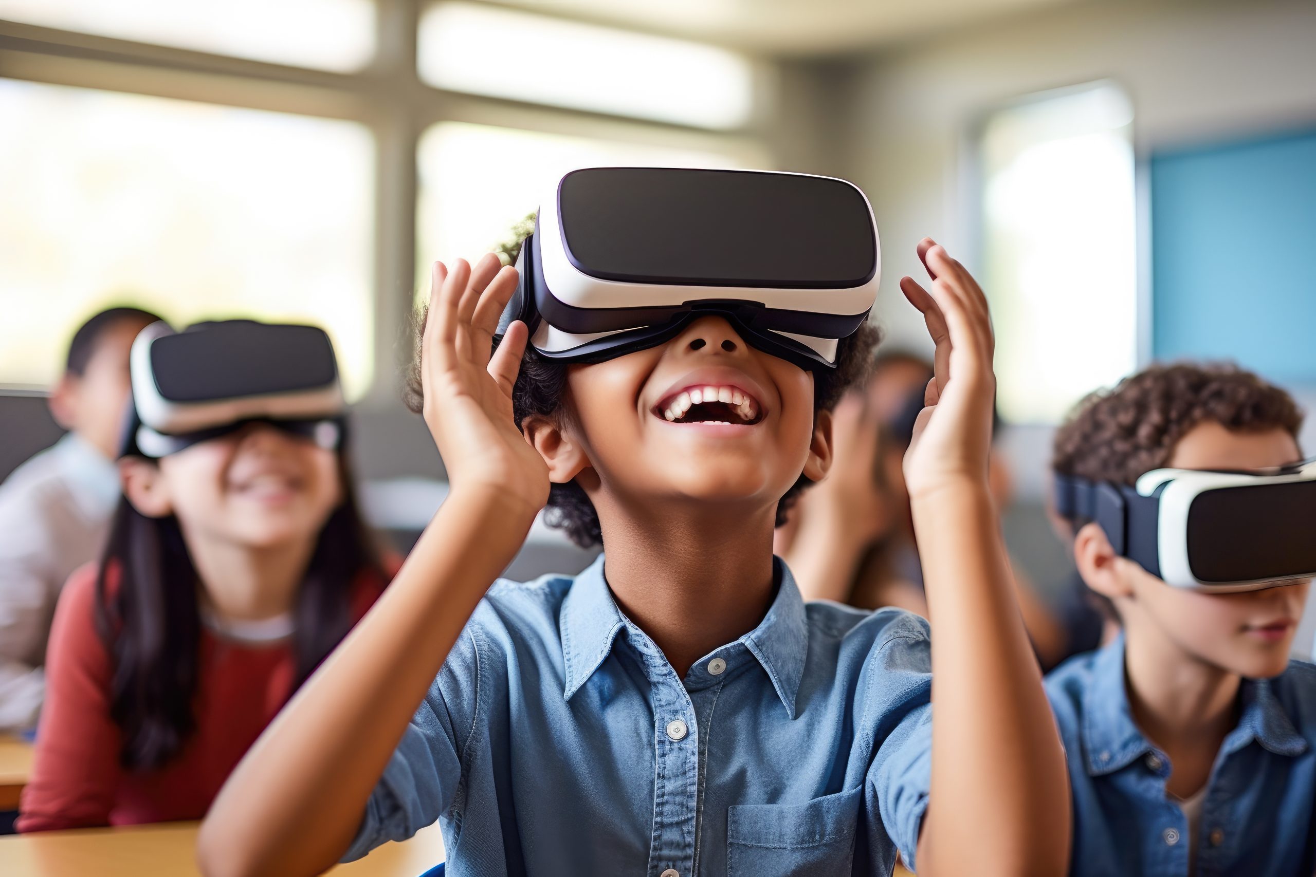 Kid wearing a VR googles at school as a new mean of studying. Concept image on Ed tech and e learning in the school environment. Generative AI.
