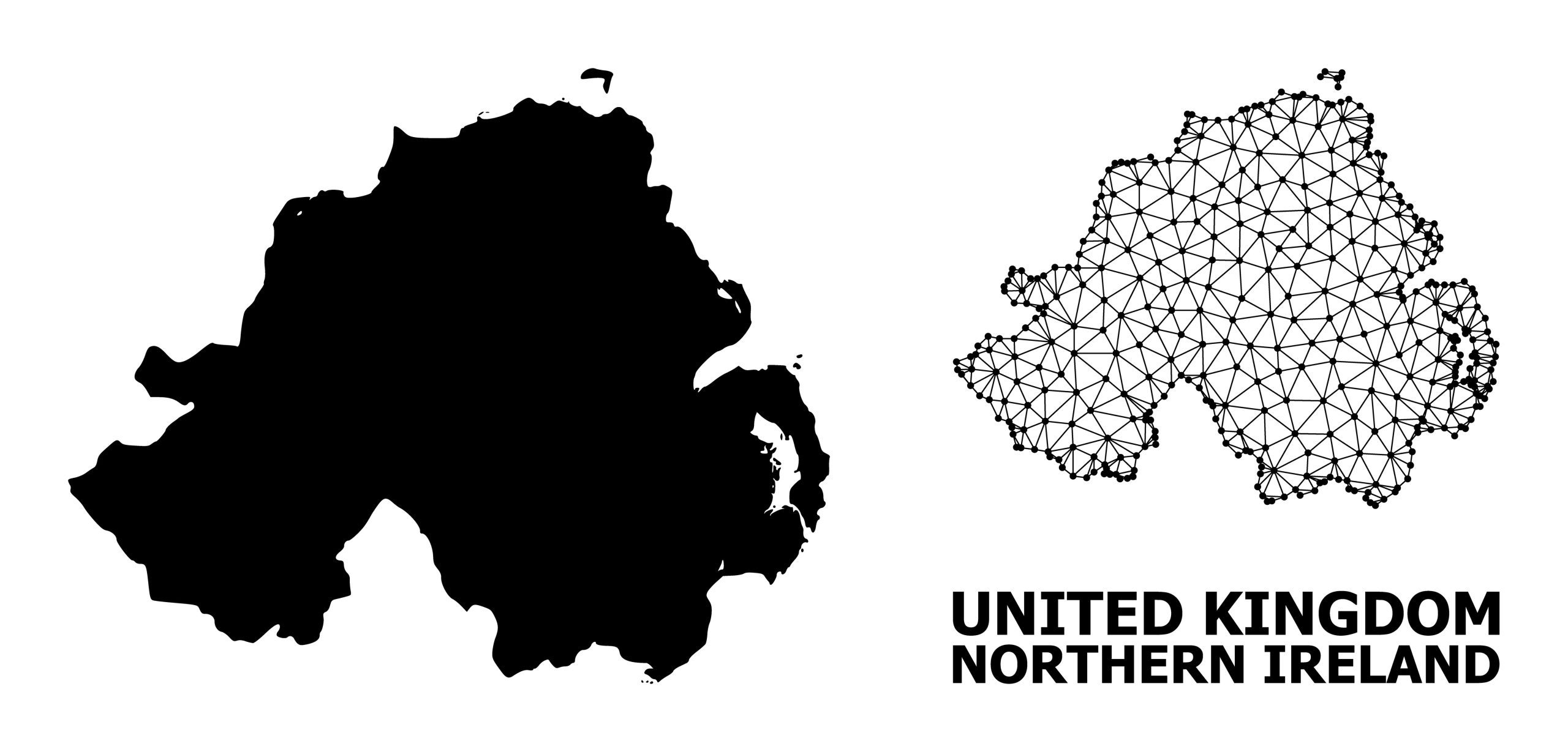 Solid and mesh vector map of Northern Ireland. Wire frame flat triangular mesh in vector format, geographic models for economical posters. Illustrations are isolated on a white background.