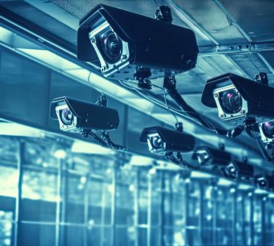 AI-enhanced CCTV system using facial recognition technology to aid law enforcement in suspect identification, illustrating AI's role in crime-solving
