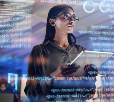 Software, coding hologram and woman on tablet thinking of data analytics, digital technology and night overlay. Programmer or IT person in glasses on 3d screen, programming and cybersecurity research.