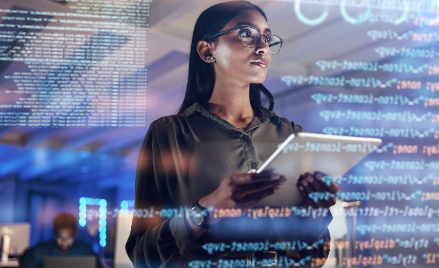 Software, coding hologram and woman on tablet thinking of data analytics, digital technology and night overlay. Programmer or IT person in glasses on 3d screen, programming and cybersecurity research.