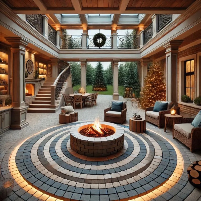 Square concentric pavers around a cozy fire pit
