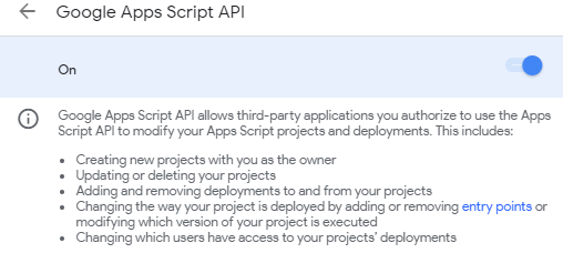 Google Apps Script API settings