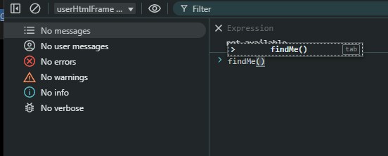 Running a Apps Script-generated HTML JavaScript function in the Console context to userHtmlFrame in Chrome Dev Tools