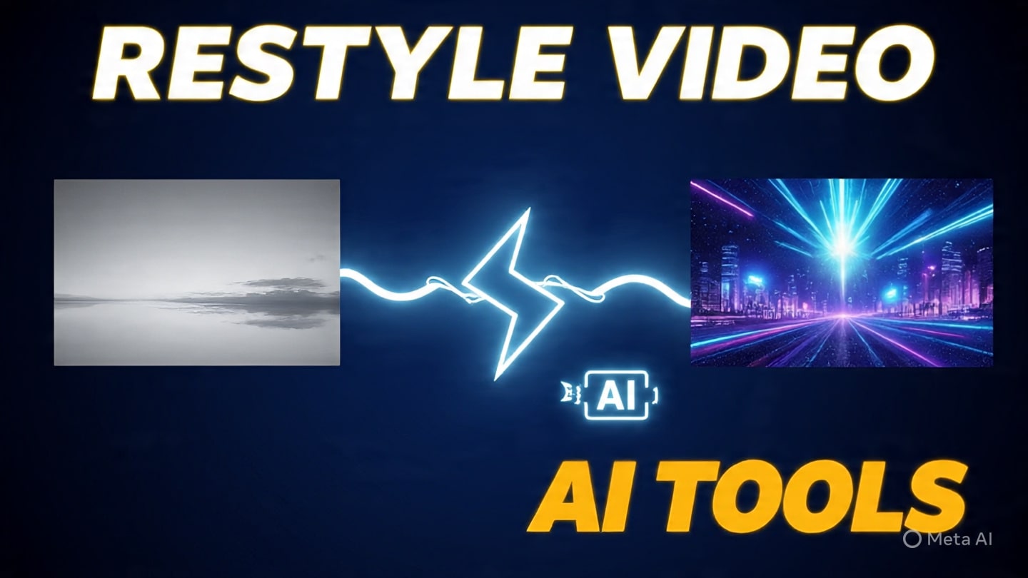 Promotional image showing video transformation using AI tools. Left side features a grayscale lake and cloudy sky, while the right side displays a vibrant futuristic cityscape with neon lights and light beams. Centered lightning bolt with “AI” inside a battery icon symbolizes power and transformation. Bold yellow text reads “RESTYLE VIDEO” at the top and “AI TOOLS” at the bottom. Meta AI logo in bottom right corner.