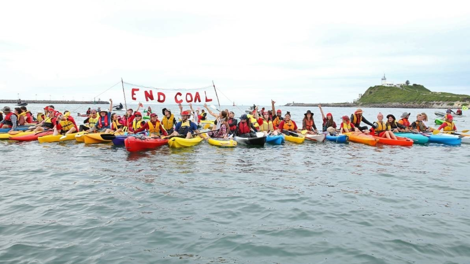 Rising Tide Blockade - people in kayaks blocking the Port of Newcastle