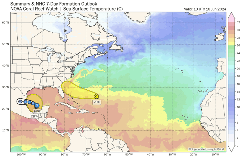 Una imagen del Caribe, Estados Unidos y Centroámerica en que se ve el posible camino de las perturbaciones.