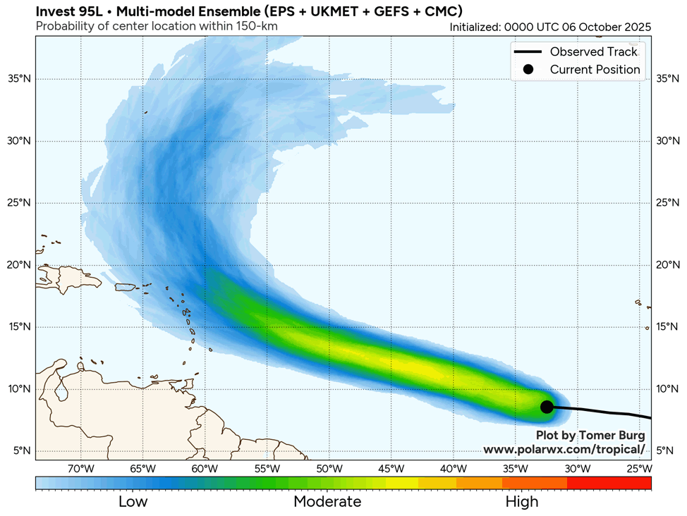 Uno gráfico que muestra las posibles trayectorias del Invest 95L.