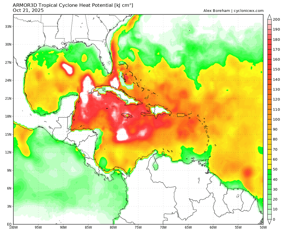 Un mapa del Potencial de Calor del Ciclón Tropical en el Caribe.