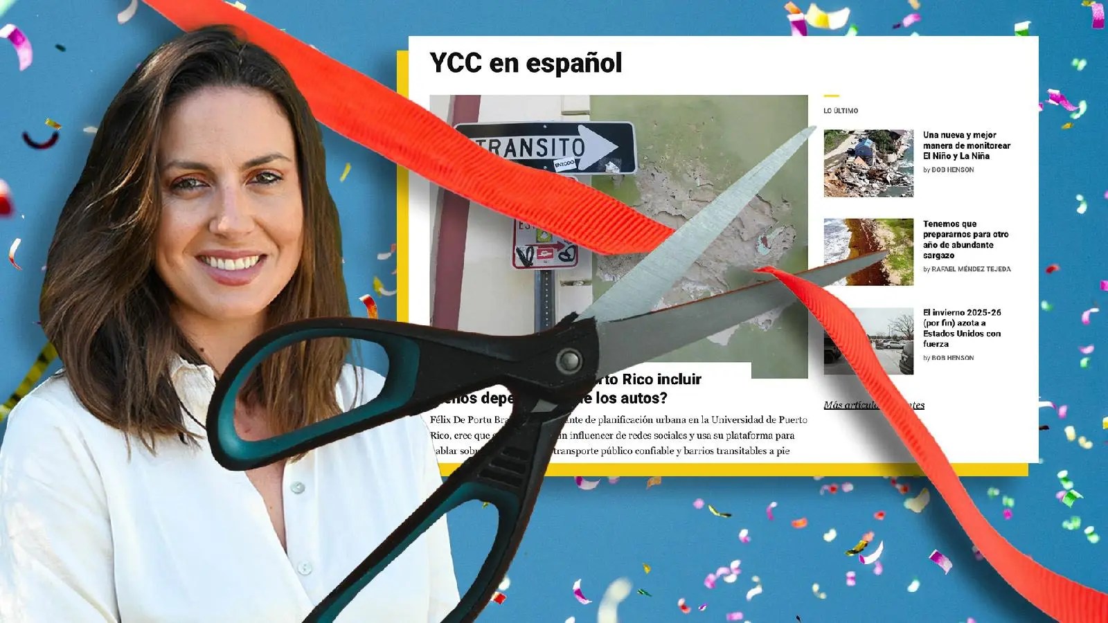 Una imagen de una mujer y tijeras cortando una cinta.