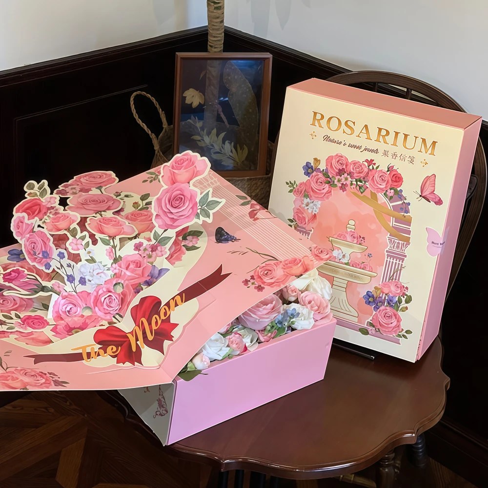 Pink Flower Pop-up Greeting Cards Flip-Top Gift Box