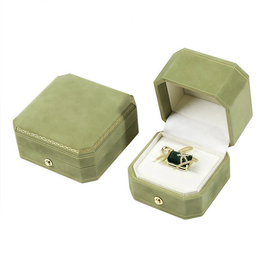 Custom High-end Eight Corners Green Velvet Ring Box