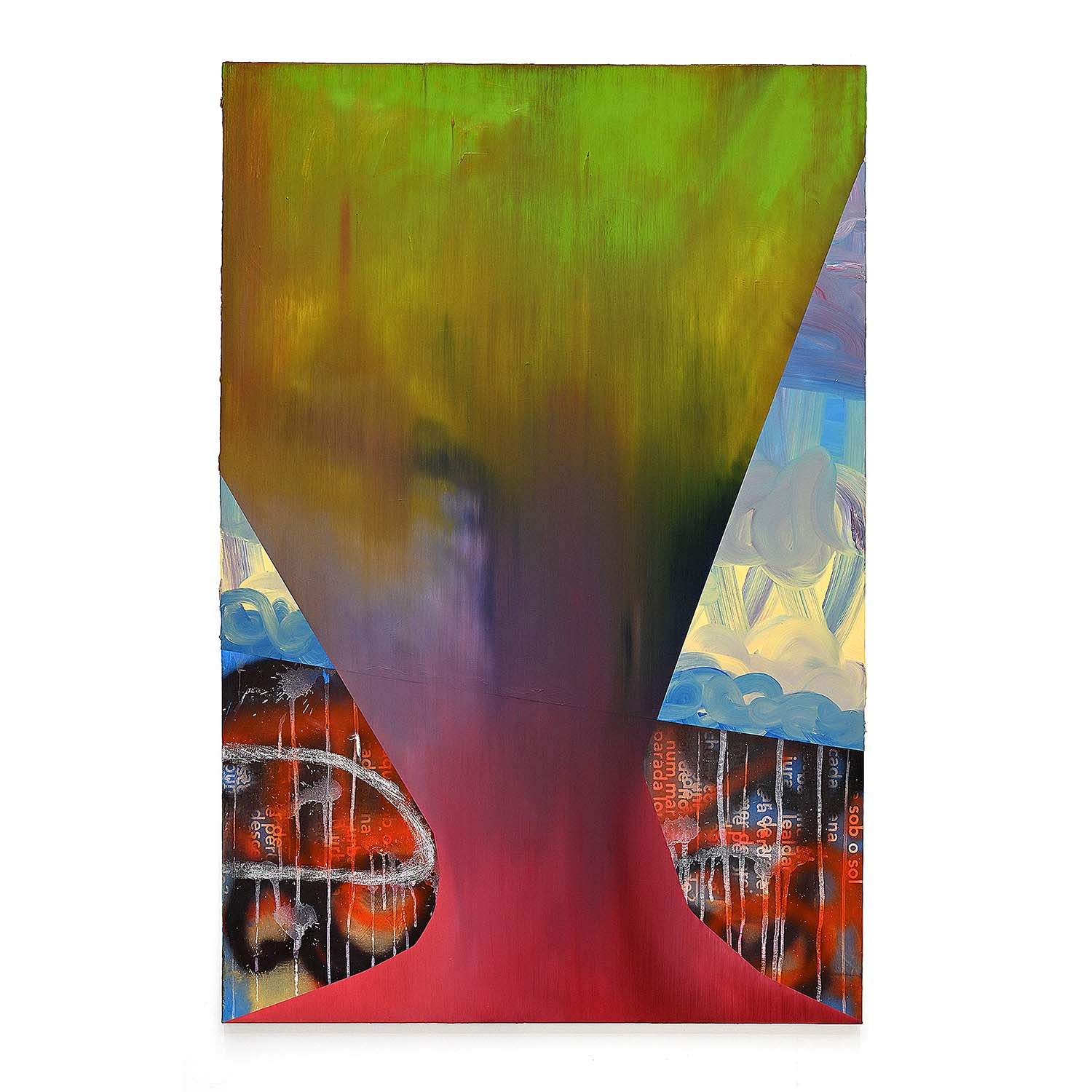 André Rigatti – Sem título, 2026 Serigrafia acrílica, spray e óleo sobre tela 150 x 100 cm