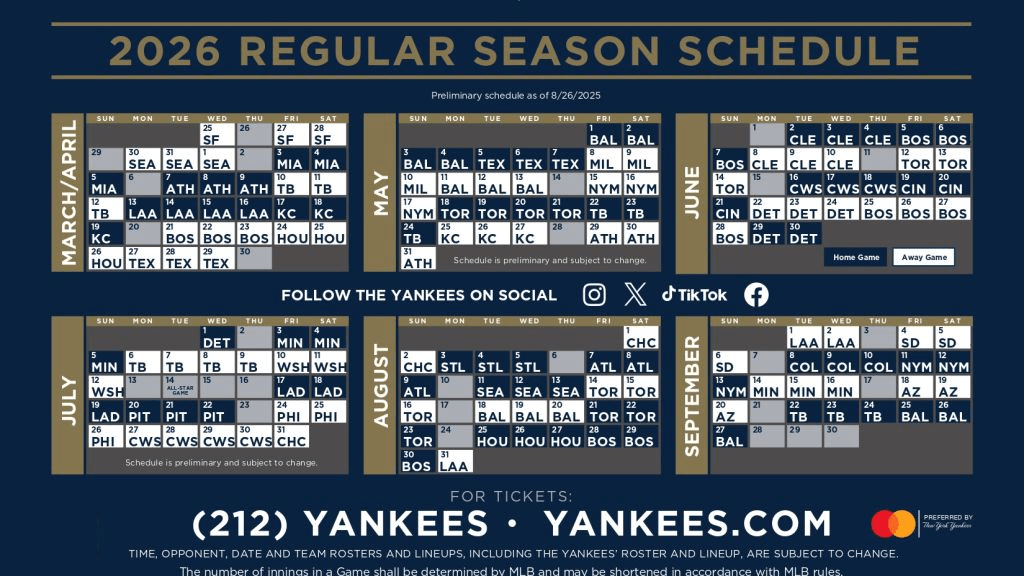 2026 New York Yankees Regular Season Schedule Released YES Network Image 4 