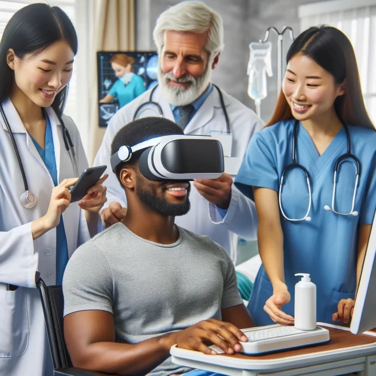 This image depicts a young Black man wearing a VR headset in a medical training setting, surrounded by diverse healthcare professionals. An Asian woman holds a smartphone, possibly assisting with the VR experience, while a white man with gray hair observes, smiling. Another Asian woman stands next to the seated man, looking on attentively. Medical charts and equipment in the background illustrate a supportive, educational environment.