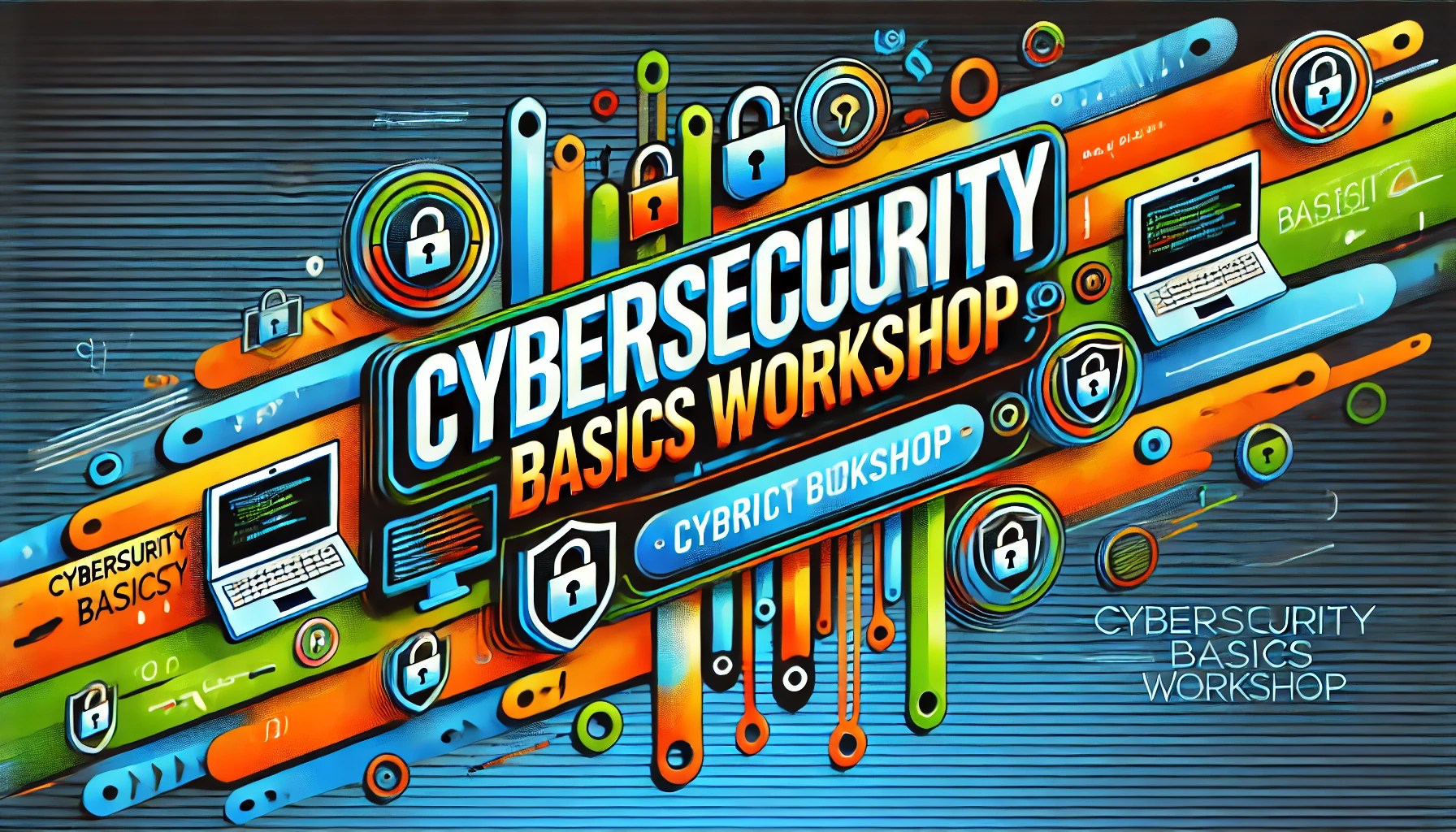 Here's the vibrant banner for the "Cybersecurity Basics Workshop," featuring bold colors and dynamic graphics such as digital locks, shields, and streams of code. This design effectively conveys the importance of cybersecurity in a visually appealing manner to support digital literacy.