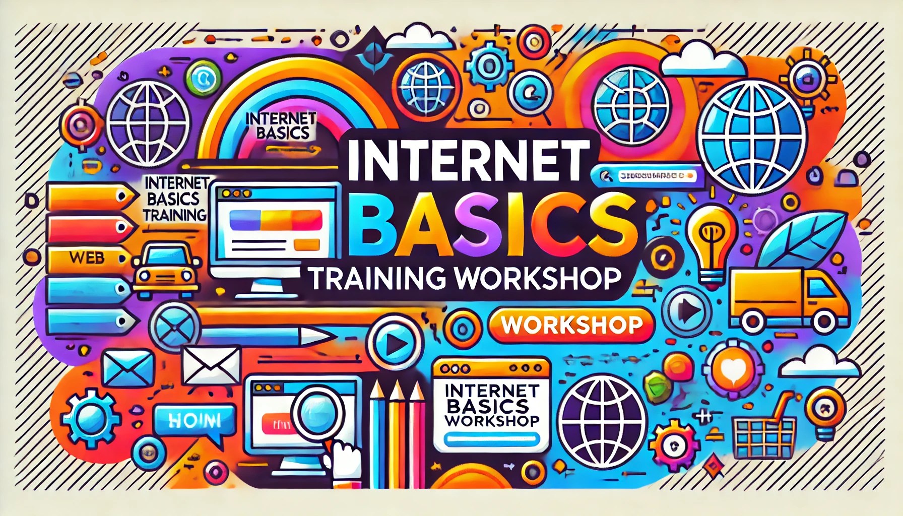Here's the colorful banner for the "Internet Basics Training Workshop." The design is engaging and modern, perfect for attracting attention on a website or in promotional materials to support digital literacy workshops.