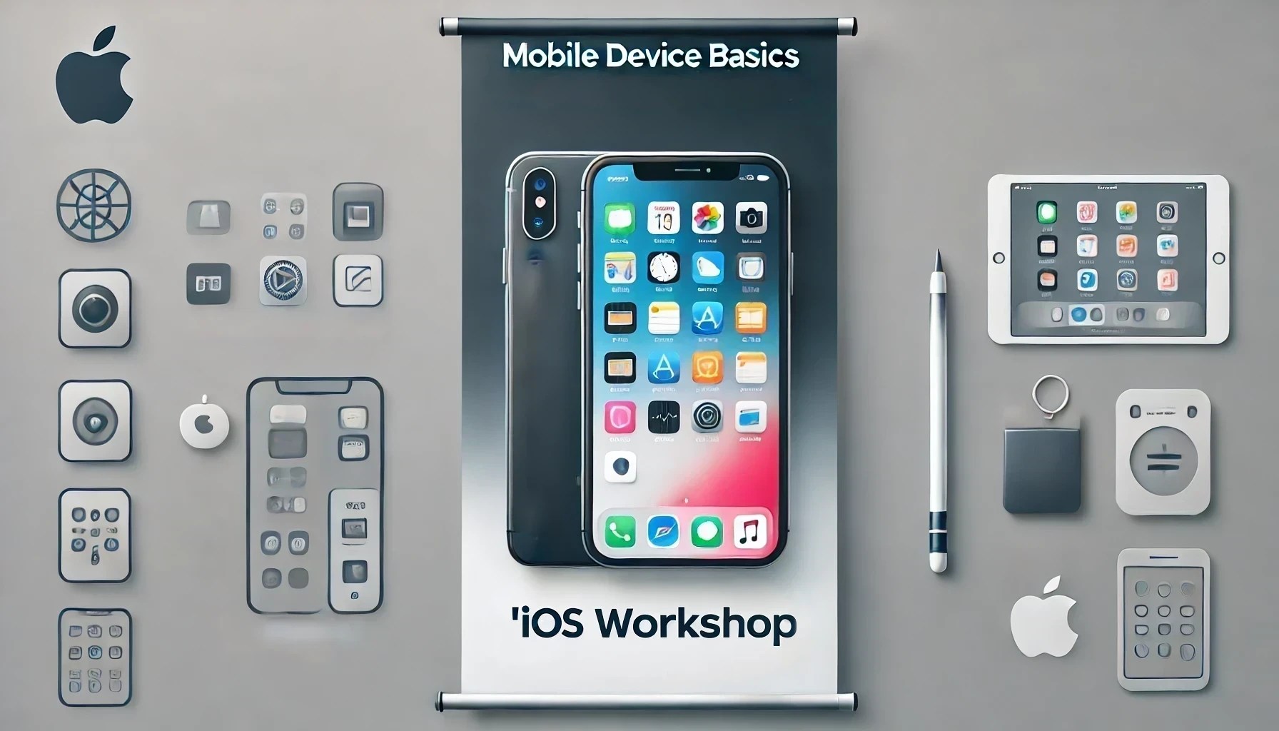 banner for the "iOS Workshop," designed with a sleek, modern look featuring an iPhone displaying various apps. The minimalist color palette of gray, blue, and white reflects the Apple brand colors, and the text "iOS Workshop" is prominently displayed, making it ideal for educational and digital literacy training.